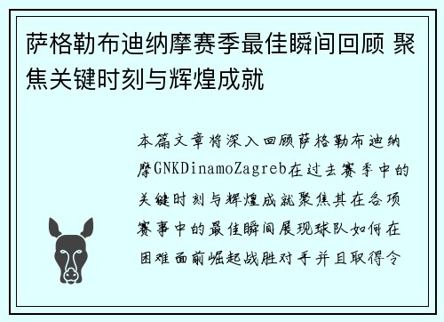 萨格勒布迪纳摩赛季最佳瞬间回顾 聚焦关键时刻与辉煌成就