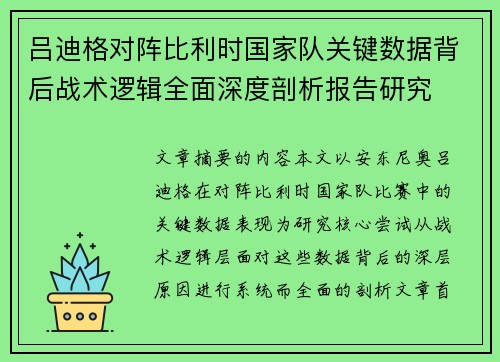 吕迪格对阵比利时国家队关键数据背后战术逻辑全面深度剖析报告研究